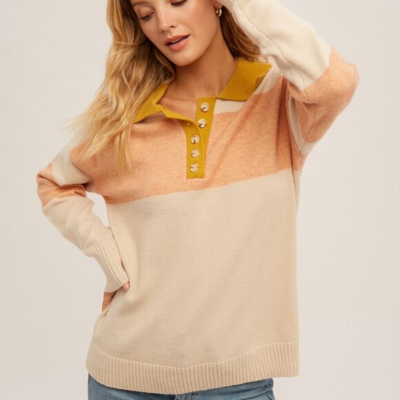 HEM & THREAD Colorblock Collared Sweater with Button Placket - Picture 2 of 6